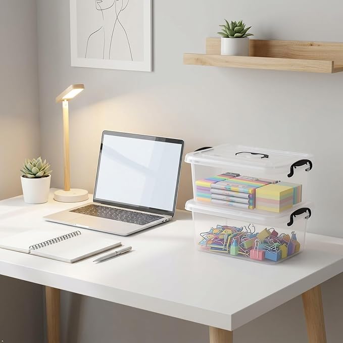 8 L Plastic Storage Boxes, Clear Storage Bin with Handle, 2-Pack | Secure Side Buckle Latches, Dustproof Lid, Clear Visible Body, for Home Office Storage