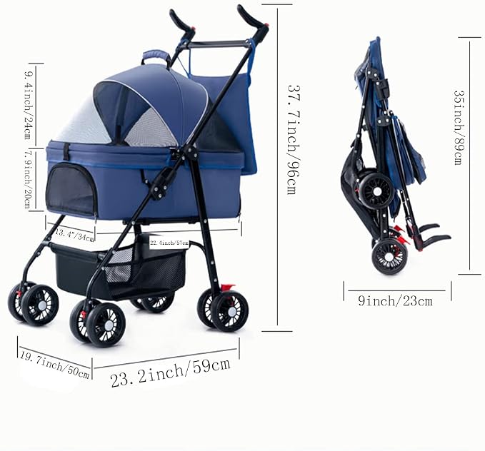 Foldable Pet Dog Stroller, Travel Dog Carrier with 4 Wheels Lightweight Dog Outing Accessories Cat Puppy Strolling Cart with Removable Liner & Storage Basket