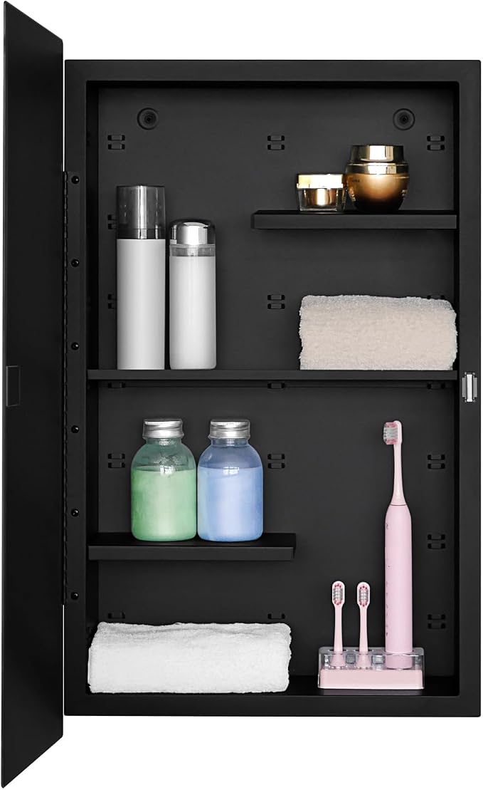 Black 16 x 26 Recessed Metal Medicine Cabinet With Mirror for Bathroom Wall | Black Bathroom Medicine Cabinet with Adjustable Staggered Shelves, Piano Hinge, Left/Right Swing & Matte Powder-Coated Finish