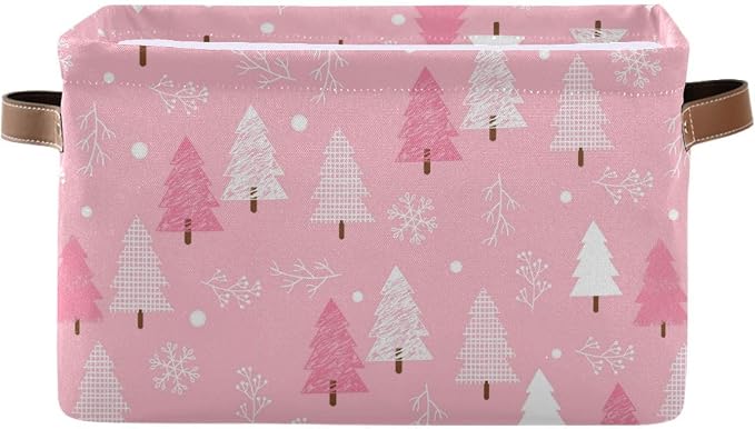 Christmas Tree Pink Storage Basket Fabric Kitchen Baskets Winter Snowflake Xmas Decorations Open Home Storage Bins Boxes Foldable Organizer Bag for Toy Book Shelf Closet Baskets 16×12×8 Inches 2 Pack