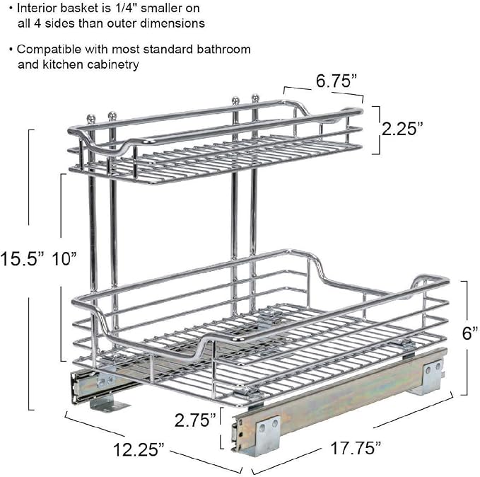 Household Essentials Glidez 2‑Tier Multipurpose Chrome‑Plated Steel Pull‑Out/Slide‑Out Under Sink Organizer, Chrome Finish