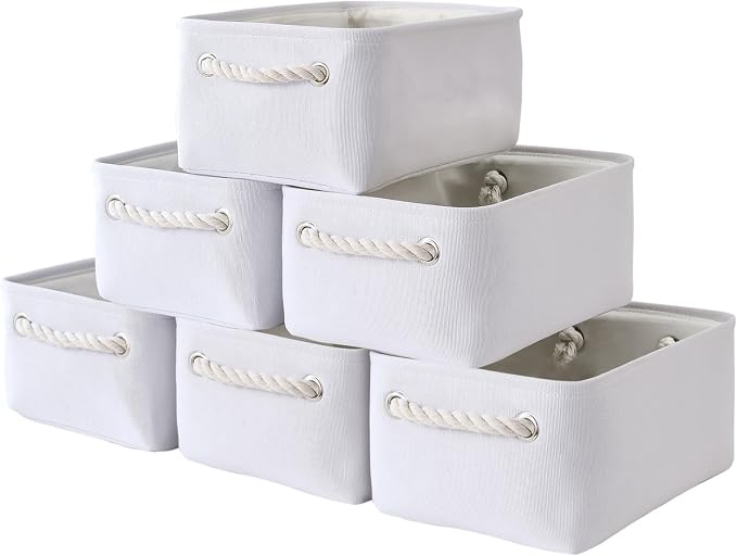 Storage Basket for Organizing - Small 6 Pack 11.8x7.8x5.2 inch Gifts for Empty with Rope, Fabric Storage Cubes for Decorative Cloth Dog Livehome (White)