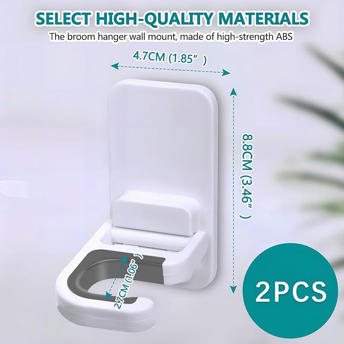 2 Pack Mop Broom Holder for Bathroom Kitchen Office (White)