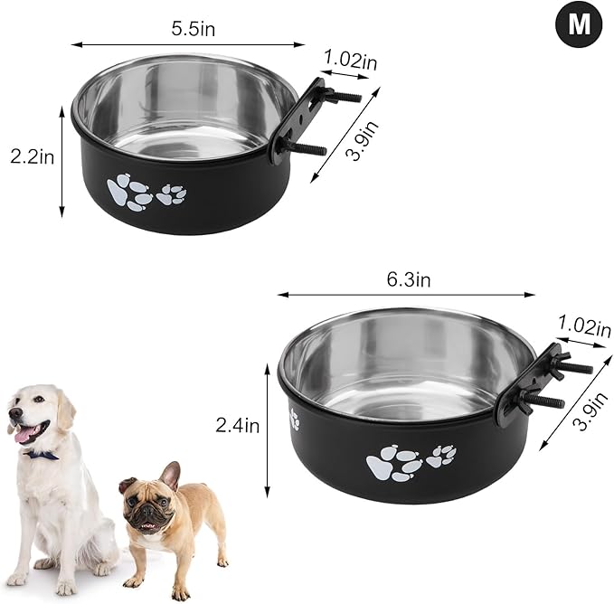 Stainless Steel Dog Crate Bowls Hanging No Spill 2 PCS - Adjustable Mountable Kennel Bowls for Medium/Large Dogs, Anti Spill Water & Food Bowl Set (Black, M(5.5"+6.3"))