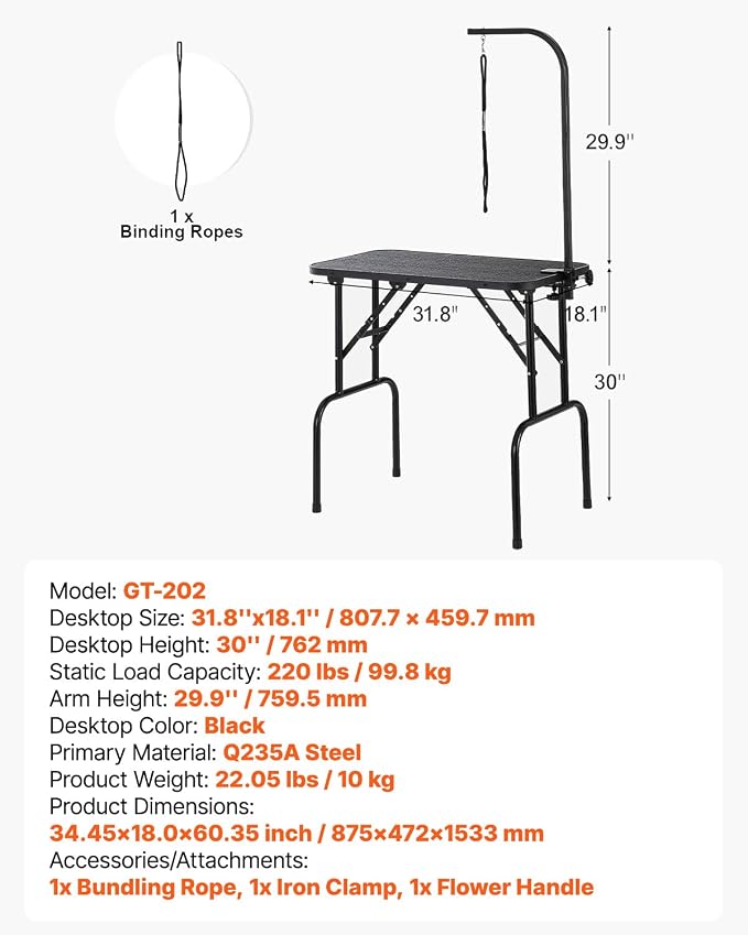 VEVOR Pet Grooming Table, 32 x18 Inch with Height Adjustable Arm, 220LBS Static Weight Capacity, Foldable Dog Groom Station with No-Sit Haunch Holder with Grooming Loop, for Medium and Small Dogs