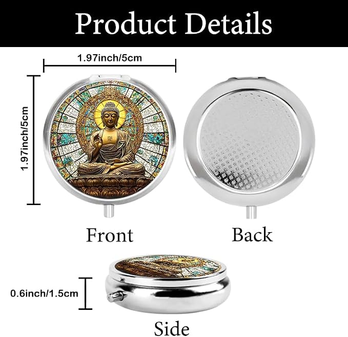 Portable Round 3 Compartment Metal Pill Box Buddha with A Halo Golden Statue Inside Intricate Stained Glass Window for Travel Organizing Medications and Daily Supplements