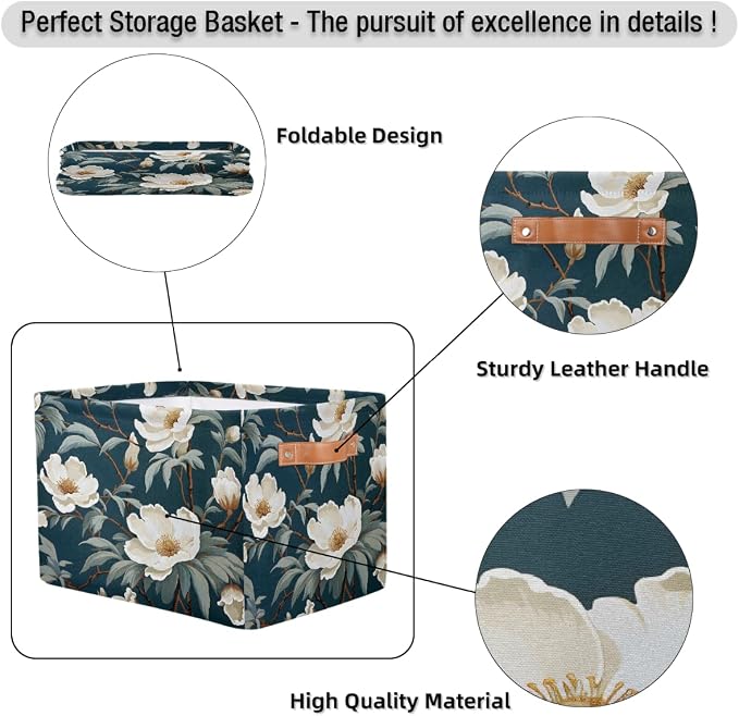 White Rose Leaves Rectangular Storage Bin Collapsible Storage Basket Organizer Boxes with Leather Handle Storage Cube for Shelves Toy Laundry Nursery 1 PC