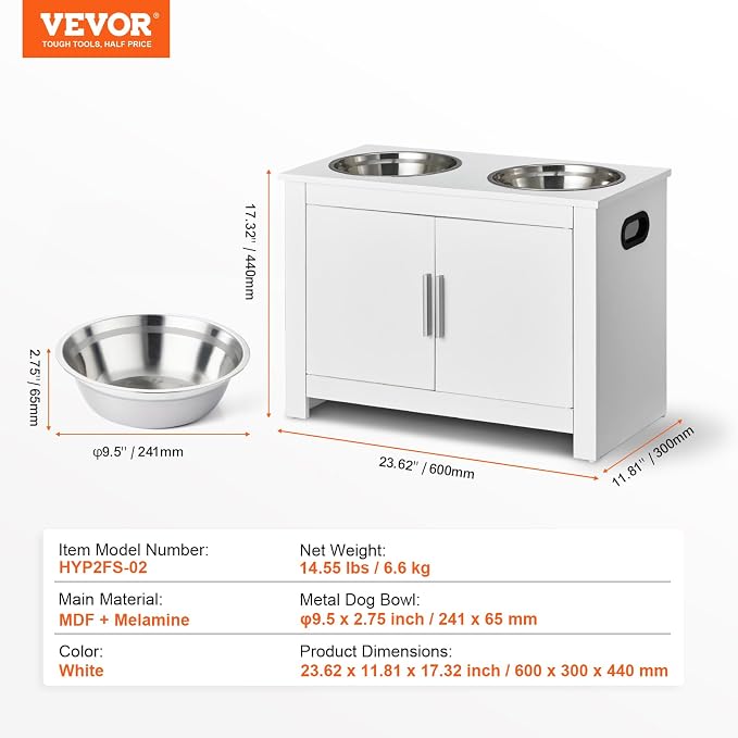 VEVOR Elevated Pet Bowls with Storage Cabinet, Feeding Station with 2 Raised Bowls, Wooden Stand with Handles & Magnetic Doors, Pet Feeder & Toy Organizer, White