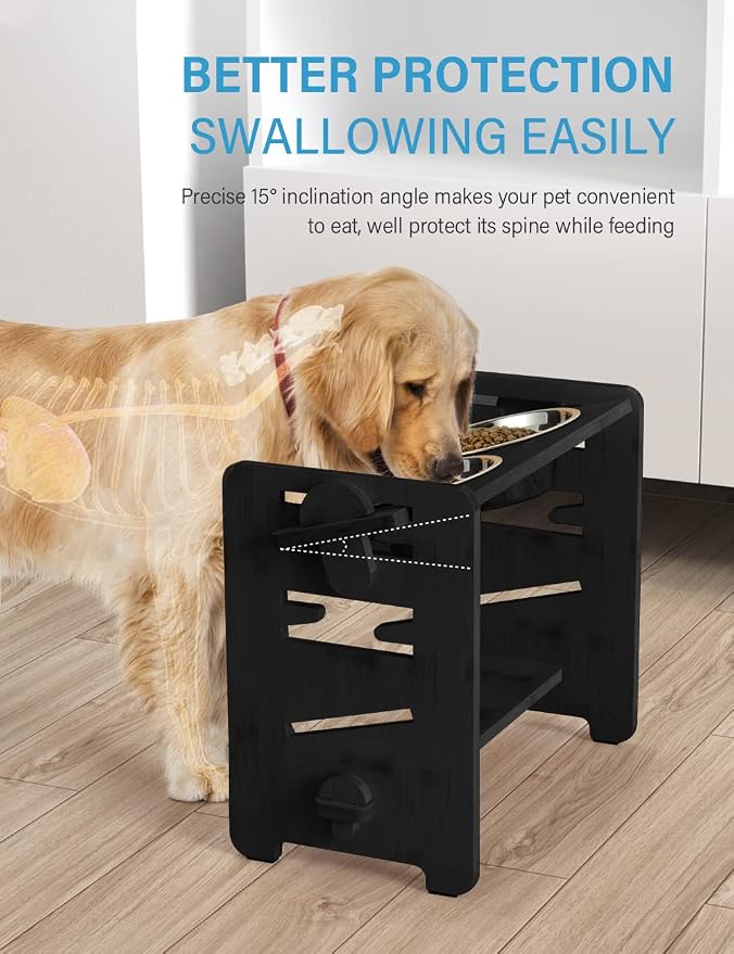 Elevated Dog Bowls, Raised Dog Bowl Stand Adjustable Medium, Black | Bamboo Elevated Feeder with 2 Stainless Steel Bowls, Adjustable Height Stand for Medium Dogs