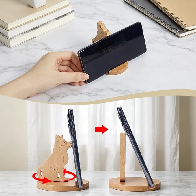 NBEADS Cell Phone Tablet Wooden Stand, 3.58x2.28x0.39inch Animal Phone Holder Dog Decorative Smartphone Desk Holder with Non-Slip for Various Models of Mobile Phones and Tablets, Sandy Brown