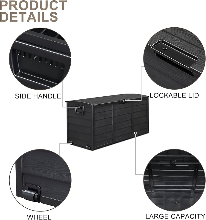 75 Gallon Black Outdoor Storage Box with Wheels, Waterproof Resin Deck Box for Patio Cushions & Garden Tools, Rolling Garden Storage Bin, Weather Resistant Trunk