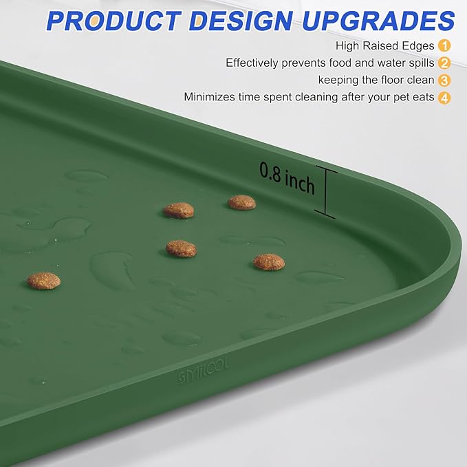 SMILOOL Silicone Pet Feeding Mat with Raised Edge for Food and Water, Dog Bowl Mats, Cat Bowls Placemat with High Lip for Floor Waterproof, Rubber Tray for Cats and Dogs 22 x 14 x0.8 Dark Olive