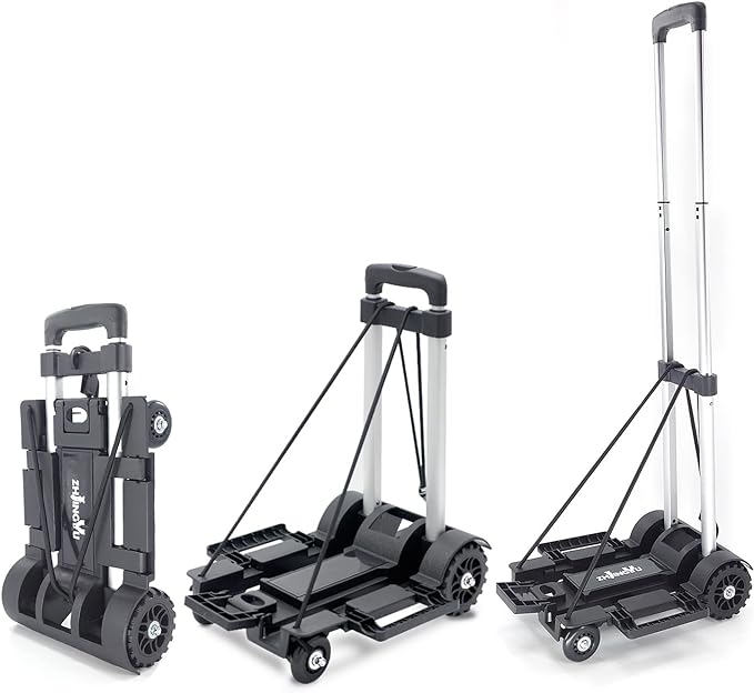 Folding Hand Truck Lightweight Trolley,4 Wheels Small Utility Dolly Cart | 2 Elastic Ropes,portable backpack trolley,luggage cart,Dolly,Grocery cart,Travel,Moving,Shopping.Aluminum Pole,black