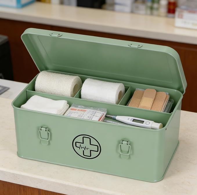 First Aid Medicine Box, First Aid Kit Supplies Bin, Metal Medicine Storage Tin, First Aid Empty Box with Safety Lock for Home Emergency Tool Set-Green