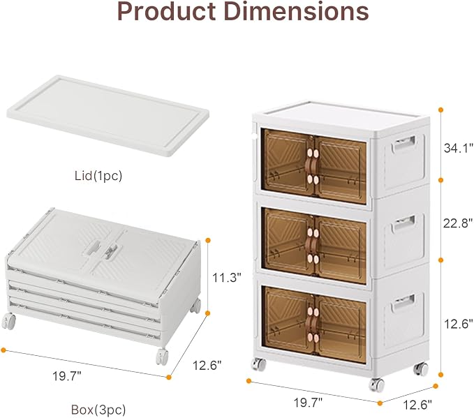 Stackable Storage Bins with Lids, 288QT Lockable Storage Cabinet | Folding Storage Box with Doors and Wheels, Collapsible Plastic Drawers for Home, Garage, Office
