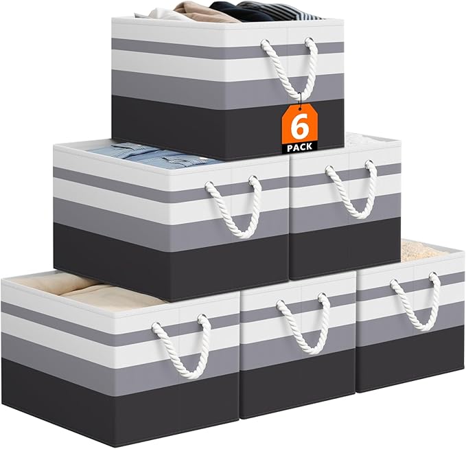 StorageTastic Storage Bin,Collapsible Storage Basket For Organizing,Large | Storage Boxes With Rope Handles,Storage Containers,Gradient Grey,6 Pack