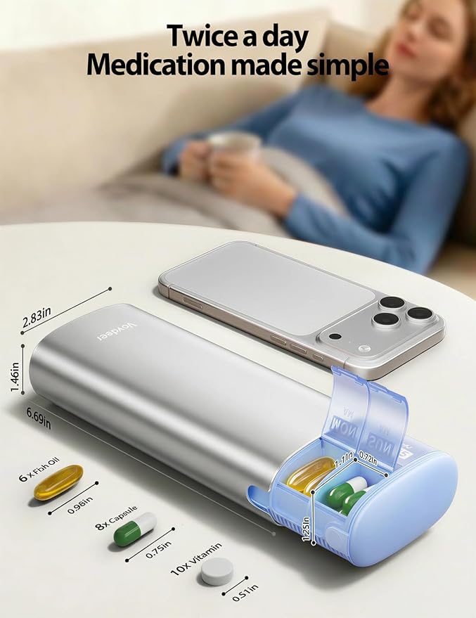 Vaydeer Metal 7 Day Travel Pill Organizer 2 Times a Day, Built-in Desiccant | AM PM weekly Travel Pill Case, Twice-Daily，Airtight Large Capacity Pill Box for Vitamins, Medication, Supplements & Fish Oil