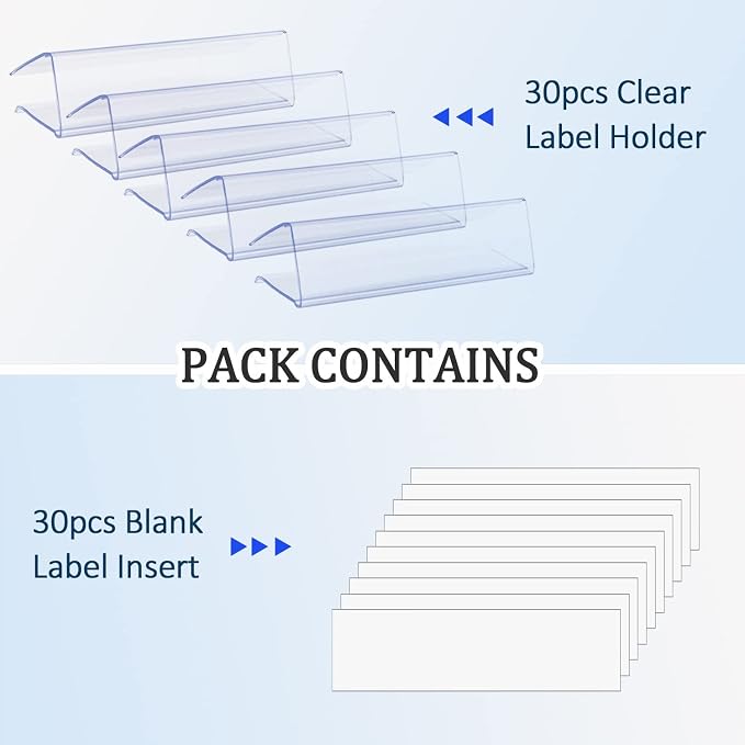30pcs Plastic Shelf Label Holder, Clear Shelf Label Holder Wood Sign and Tag Ticket Label Holders Clips On to Shelves Thick Shelves with Matched Blank Inserts