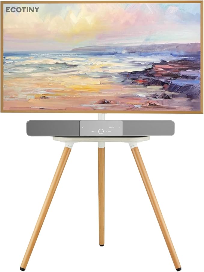 Tripod TV Stand for 43-65" TVs, Swivel, White | Height-adjustable easel TV stand, wood media shelf, cable management and VESA up to 400x400