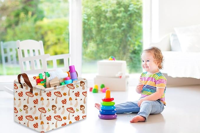 Sanjiaofeng Rectangular Kids Basket Cute Storage Bins,Mushroom Storage Basket with Handles.Clothers,Books,Kid's Gifts Bins. (Mushroom)