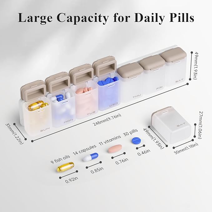 KOVIUU Weekly Pill Organizer, Magnetic Medicine Vitamin Case 1 Time a Day | Week Once Daily Supplement Box, Removable Medication Container Holder for Fridge, 7 Day Large Travel Pill Dispenser, Brown