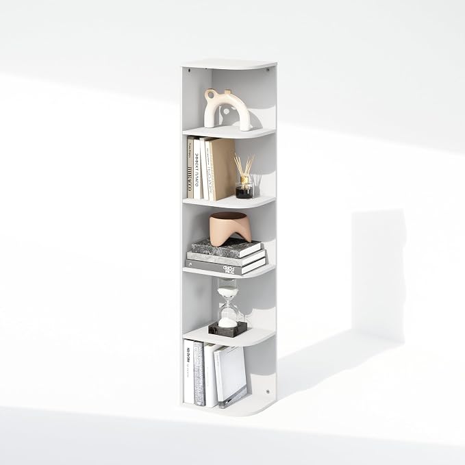 Furinno Reed Corner Shelf, 5-Tier Corner Bookshelf, Book Shelf, Corner Shelves, Storage Rack, for Organization and Storage, Home Office, Living Room, White