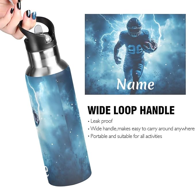 Custom Name American Football Player Lightning Water Bottle with Straw Lid Kids Insulated Stainless Steel Water Flask Sports, 20 Oz Hot Cold