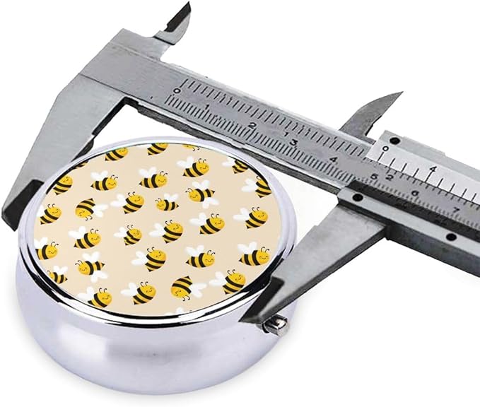 Travel Pill Holder, Cute Bee Pattern Round Compact Organizer, Small Dispenser with Mirror, Pocket Purse Case for Vitamins