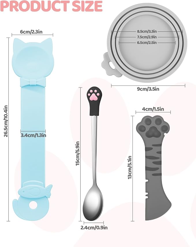 5 PCS Cat Food Can Covers Lids Set, Silicone Pet Food Can Lids with Multi-Function Cat Food Spoon and Opener, Cat Bar Squeezer, Stainless Steel Wet Food Spoon for Cats and Dogs (Pink) (Grey)