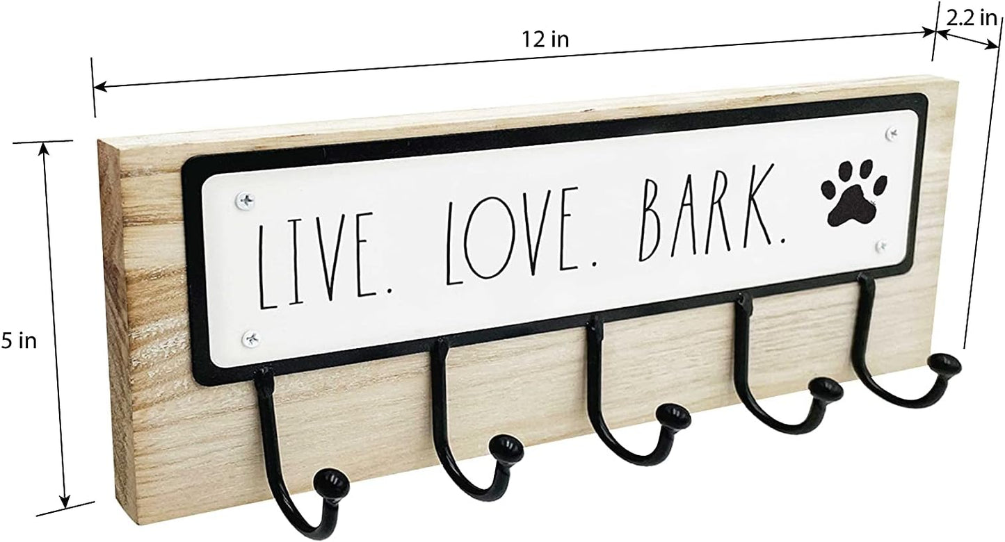 Rae Dunn Dog Leash Holder for Wall - Cute Dog Leash Hook Holder and Wall Mount Hanger Organizer for Pet Items, Keys, Collar and Leashes - Pet Themed Messages with Paw Print - Light Wood