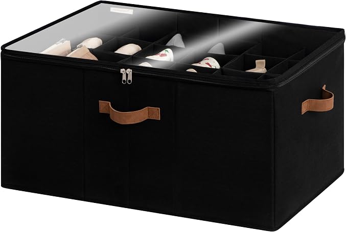 StorageWorks 24-Pair Large Shoe Organizer Box, Adjustable Dividers, Black | Holds up to 24 Pairs, Foldable, Clear Lid, Reinforced Handles, Fits Sneakers, Boots & Heels, For Living Room, Entryway