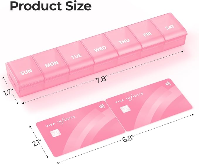 AUVON Weekly Pill Organizer with Effortless Opening Design, BPA-Free | Arthritis Friendly Pill Box, Cute Pill Organizer 7 Day, Portable Pill Case for Vitamins, Supplements and Medications, Pink