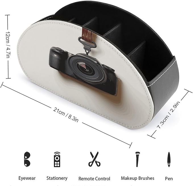 Camera Hanging on White Wall Remote Control Holder Desk Storage Organizer Box Container Remote Storage Box with 5 Compartments PU Leather Remote Caddy for Home Bedside Table Organizer