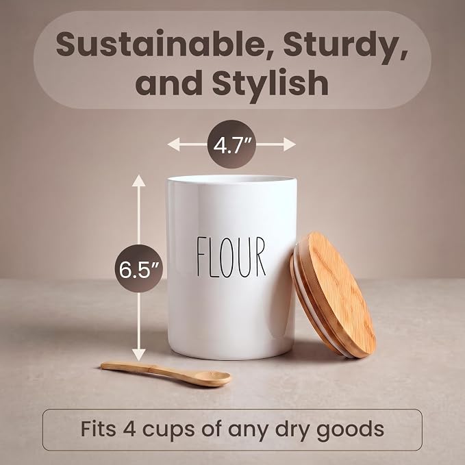Arthausen Flour Ceramic Storage 4 Cup / 1080mL Container w/Bamboo Lid Silicone Seal & Spoon, Modern Abstract Art Design for Flour Coffee Spice Airtight Storage on Kitchen Counter Bathroom Organizer