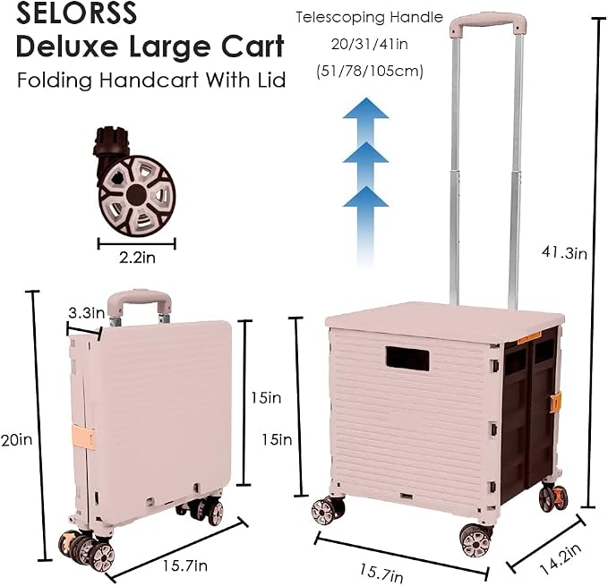 Foldable Utility Cart Portable Collapsible Crate Rolling Carts with Wheels Rolling Tote Basket Teacher Cart with Lid Wear-Resistant 360°Rotate Wheel Noiseless for Shopping Storage Office Use