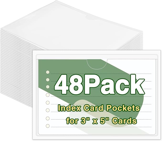 48 Pack Adhesive Index Card Holders, Clear PVC Pockets for 3 x 5 Cards | Top-Loading Clear Pvc Sleeves, Strong Adhesive, Fits Bins Shelves Totes, Protects Cards From Dust And Fingerprints