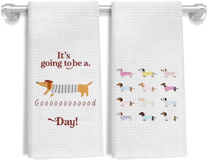 Funny Dachshund Kitchen Towels, Dachshund Lovers Gifts Dish Tea Towels for Kitchen Decor, Weiner Dog Gifts for Women Men Decorative Hand Towels for Bathroom, 16x24 Inch Set of 2