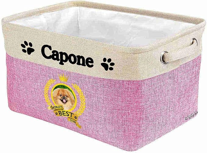 Custom Name Collapsible Dog Toy Storage Basket Bin World's Best Dog Happy Pekingese Dog Foldable Pet Toy Box Closet Shelf Baskets Organizer for Bedroom Home Dog Cat with Handles Pink