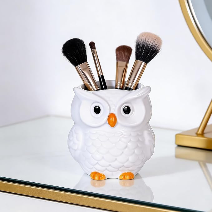 Ceramic Owl Shaped Pen Pencil Holder for Desk Decoration Accessories Owl Decor Makeup Brush Pen Cups Succulent Plant Pot Office School Ideal Gifts for Women, Mom or Birthdays