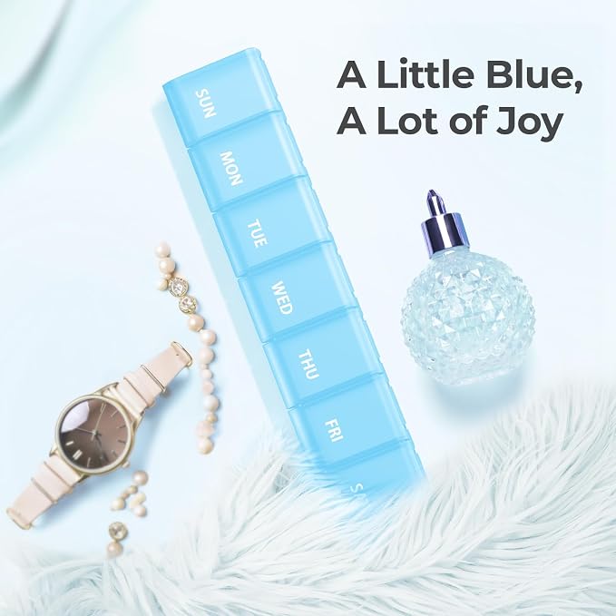 AUVON Weekly Pill Organizer with Effortless Opening Design, BPA-Free | Arthritis Friendly Pill Box, Cute Pill Organizer 7 Day, Portable Pill Case for Vitamins, Supplements and Medications, Blue
