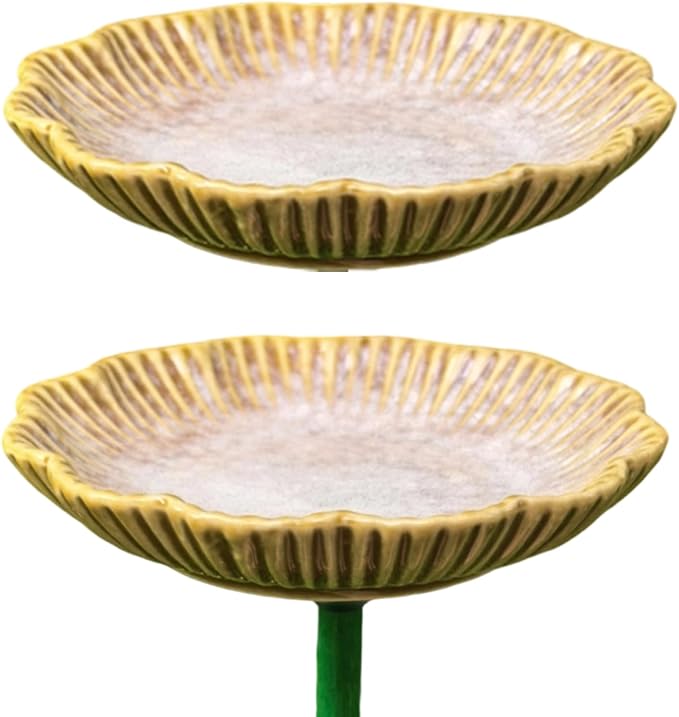Ceramic Bird Bath Set of 2 with Fluted Bowl Stake, Vertical Brown | Decorative Glazed Water Basin for Patio Garden Balcony Display