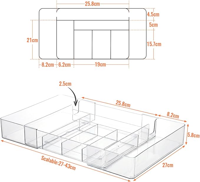 Expandable Drawer Organizer Tray with Adjustable Dividers, Clear PET Storage Box for Office Supplies, Makeup, Jewelry & Vanity, 10 Compartments, 1-Piece Set (10.6" x 15.7", Height 2.3")