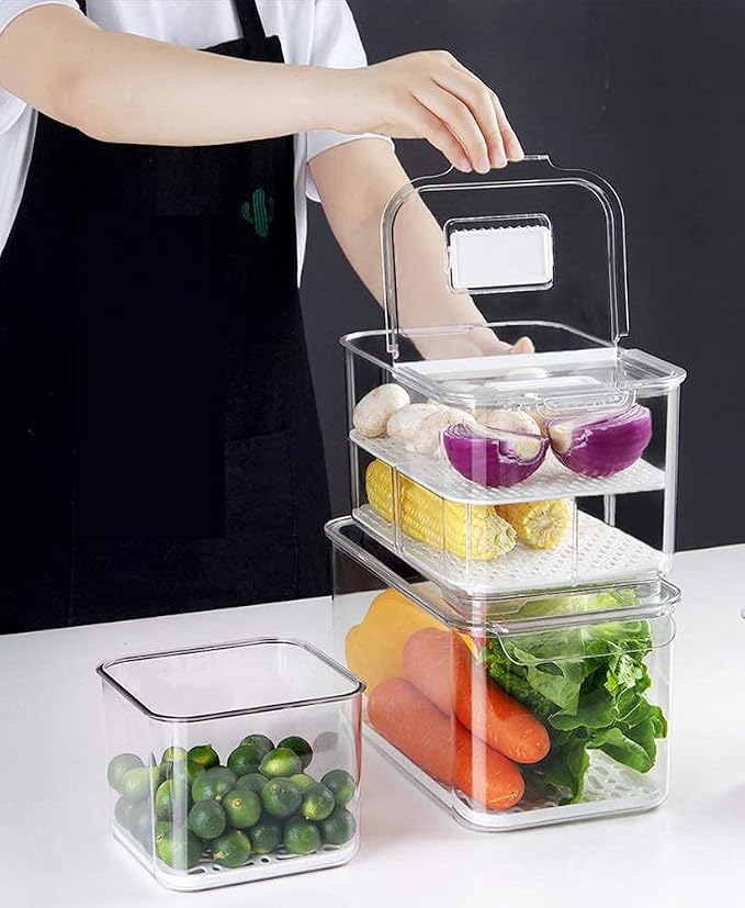 SANNO Fridge Food Storage Container Storage Containers, Produce Saver with Lids and Vents,Vegetable Fruit Storage Containers Stackable Salad Lettuce Keeper for Refrigerator，set of 2