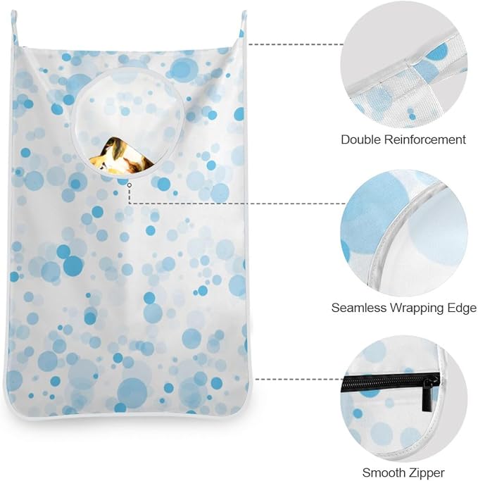 2PCS Hanging Laundry Hamper Bag Over the Door Laundry Hamper Wall Hamper Large Dirty Clothes Hamper with Stainless Steel Hooks 29.5x20Inch Blue Bubble Circle