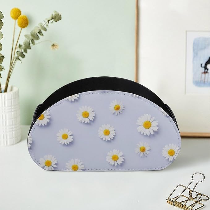 Pu Leather Remote Control Holder Box Daisy Flower Purple Desk Storage Caddy | with 5 Compartments, Daisy Flower Purple Office Supplies Table Decor for Media Player, Stationery, Makeup Brush