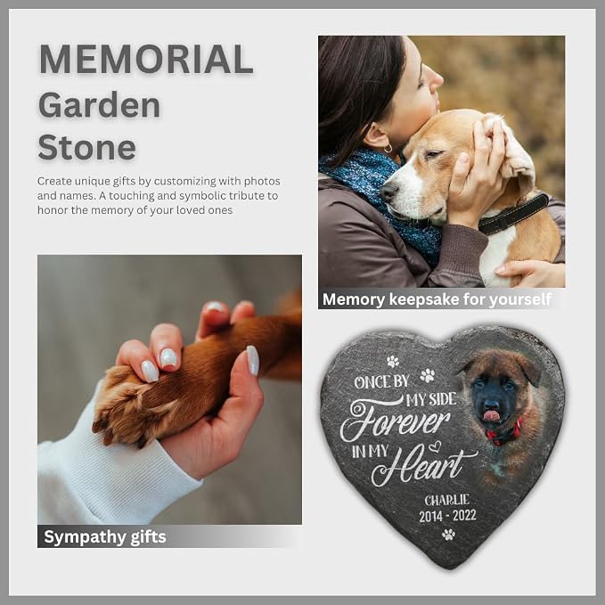 Wrappiness Pet Memorial Stone - Forever in My Heart, Personalized Dog Memorial Gifts, Remembrance Condolences Bereavement Gifts for Loss of Pet Custom Photo (Heart 01, Stone with Stand)