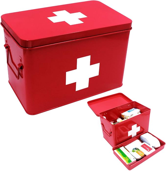 Funly mee Vintage First aid Box for Home, Medicine Tin, Red Metal Medicine Storage Box (Large 12.6× 8.3×7.7 inches)