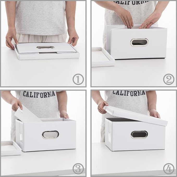 Collapsible Storage Box with Lid [3-Pack] Leather Fabric Foldable Storage Bin Organizer Container Basket Cube with Cover for Home Bedroom Closet Office Nursery White(13.6x9.6x6.9)