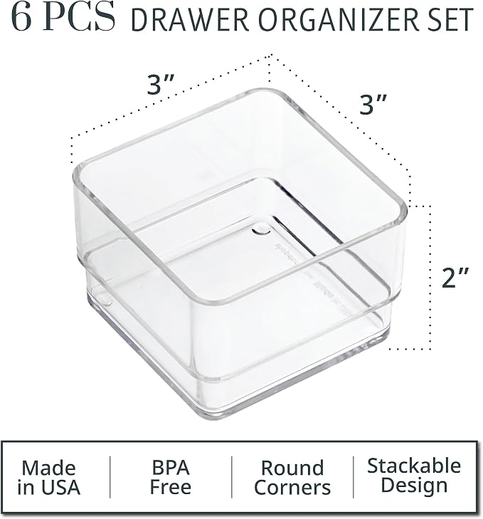 STORi SimpleSort 6-Piece Stackable Clear Drawer Organizer Set | 3" x 3" x 2" Square Trays | Small Makeup Vanity Storage Bins and Office Desk Drawer Dividers | Made in USA (Pack of 2)