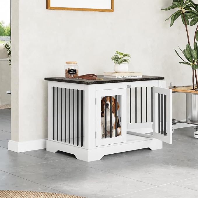 30" Wooden Dog Crate Furniture,Small Kennel Pet Cage End Table for Indoor | for Medium S XS Dogs, White and Black, Fits Living Room Bedroom, Heavy Duty Steel Frame with Lock 25 lbs Cap, 100 lbs Top.